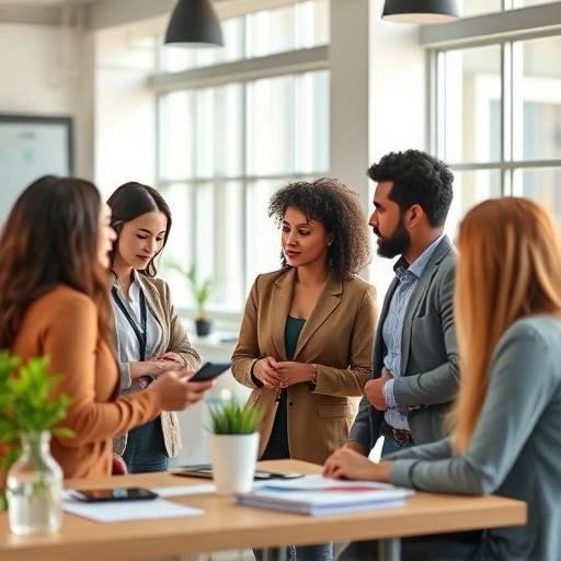 A group of diverse professionals collaborating during a communication skills workshop, symbolizing teamwork and learning.
