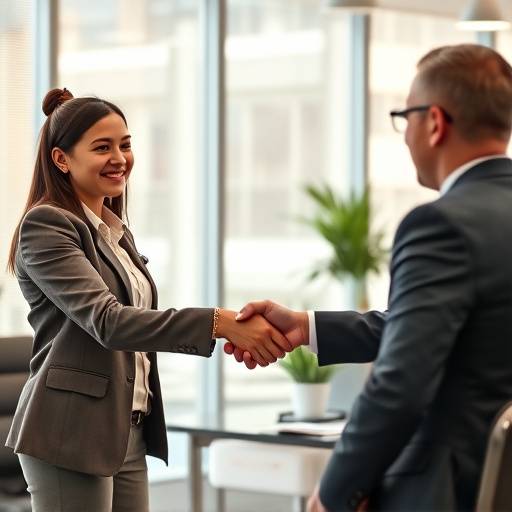 A successful candidate shaking hands with an interviewer after a job interview, symbolizing success and confidence.